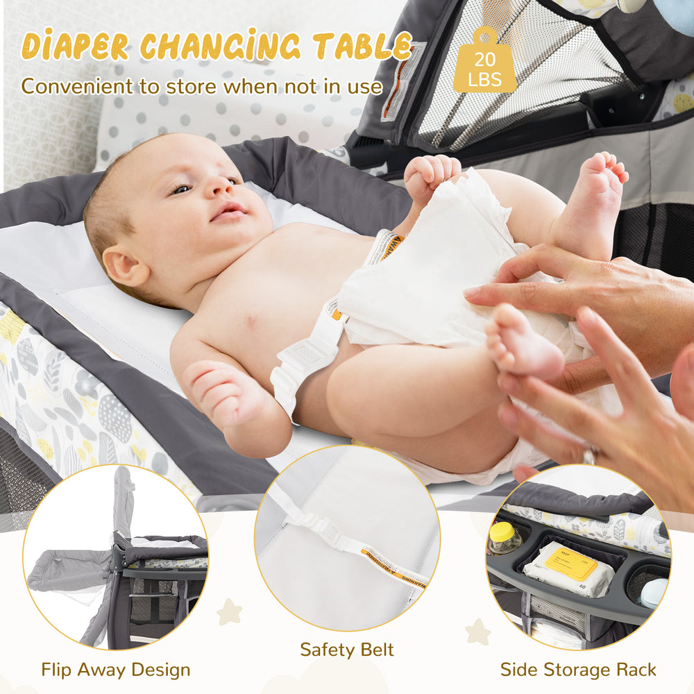 Portable changing table with safety belt, flip away design, and side storage rack for convenient baby care.