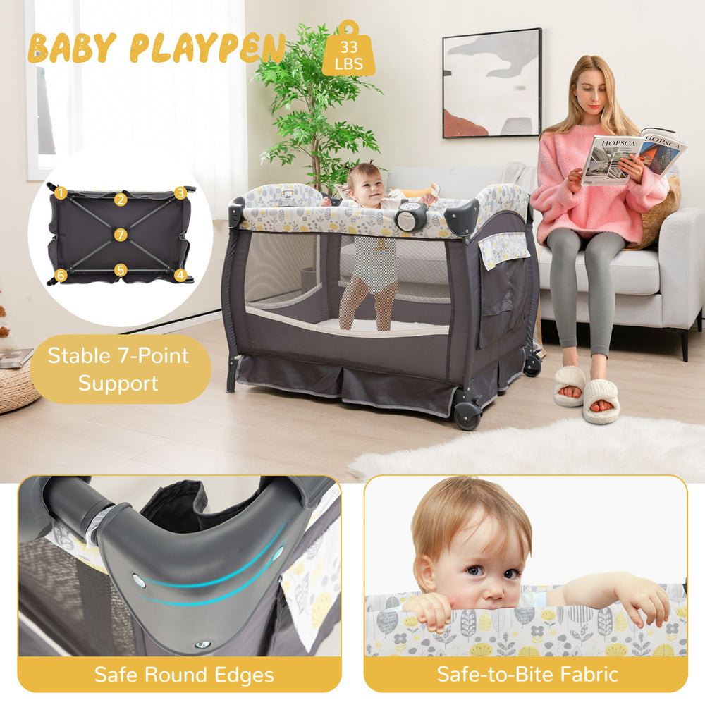 Portable 4 in 1 baby nursery center in yellow, featuring a playpen, bassinet, and changing table with safety belt.