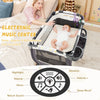 Portable Pack and Play baby nursery center in yellow with bassinet, storage pockets, and electronic music center.