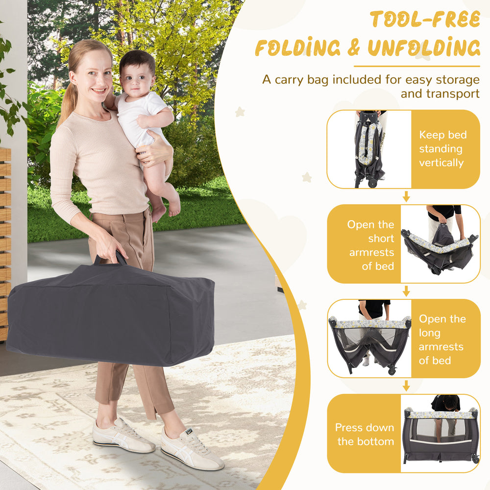 Portable 4 in 1 baby nursery center in yellow, featuring a bassinet and changing table, ideal for travel and storage.