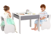 Kids enjoying the 4-in-1 gray wooden activity table with detachable blackboard and comfortable chairs in a playroom.
