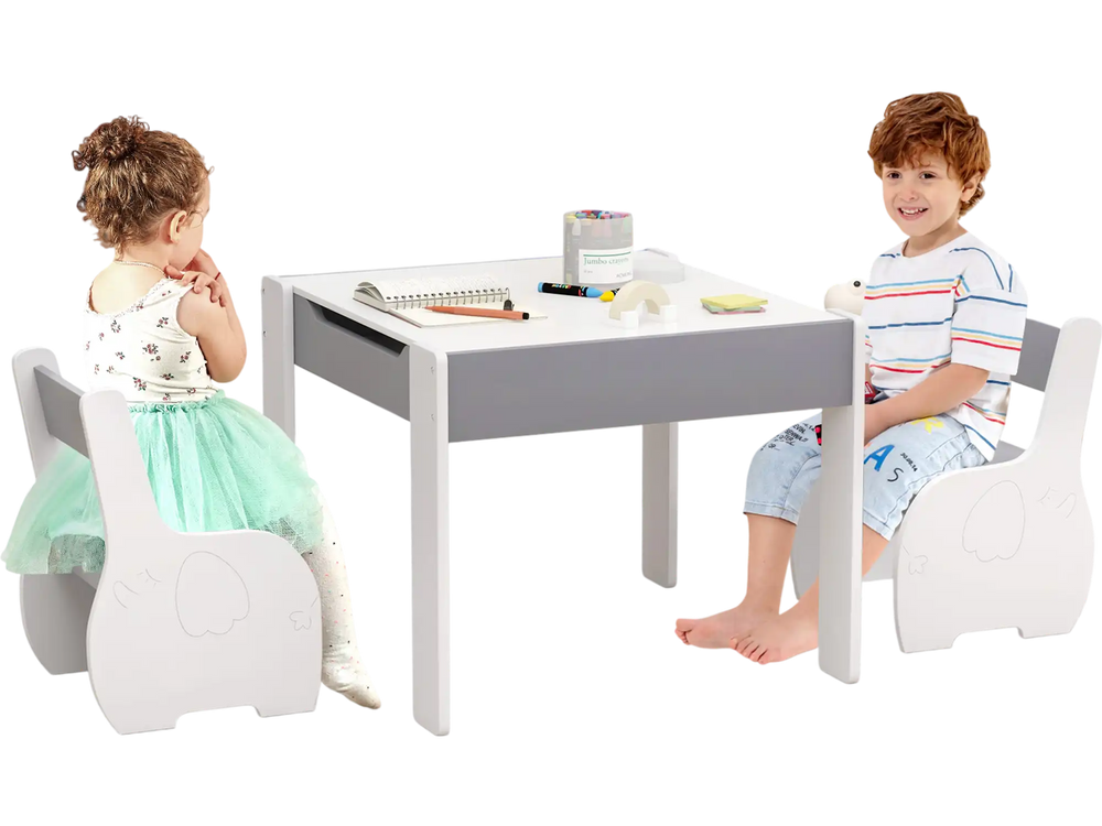 Kids enjoying the 4-in-1 gray wooden activity table with detachable blackboard and comfortable chairs in a playroom.