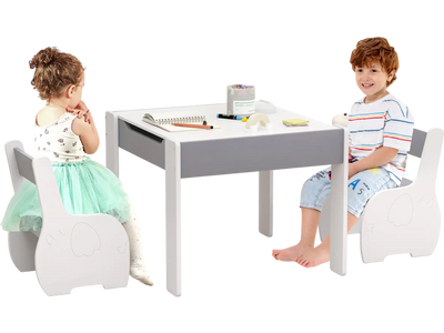 Costway 4-in-1 Wooden Kids Activity Table & Chairs w/ Storage Blackboard Gray 76438592 New