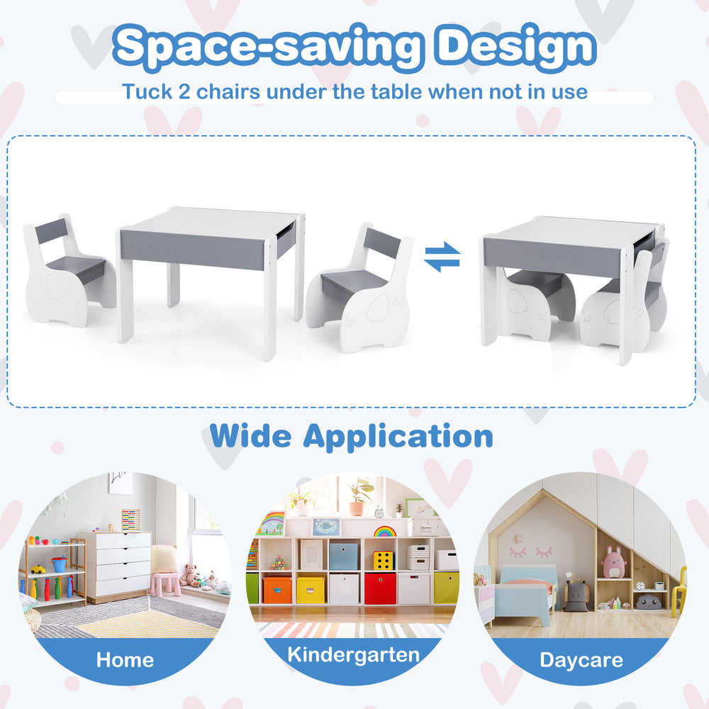 Gray wooden kids table with two chairs, featuring a detachable blackboard, ideal for playrooms and daycare use.