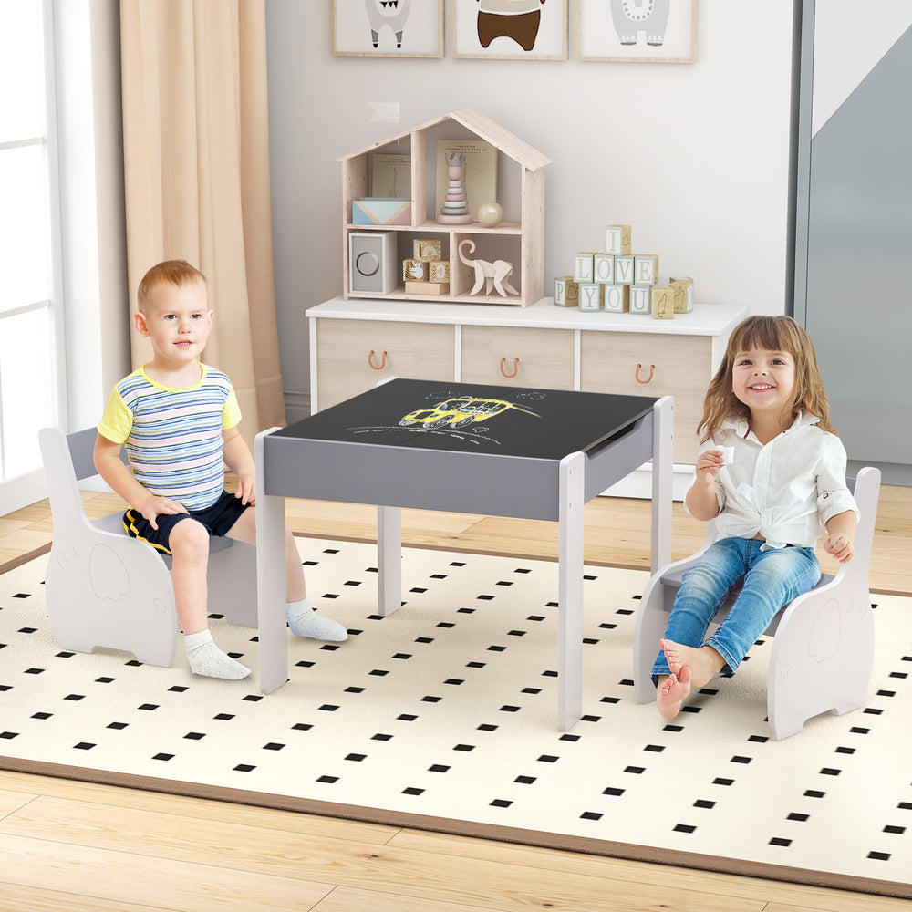 Kids enjoying the 4-in-1 wooden activity table with detachable blackboard and ergonomic chairs in a playroom setting.