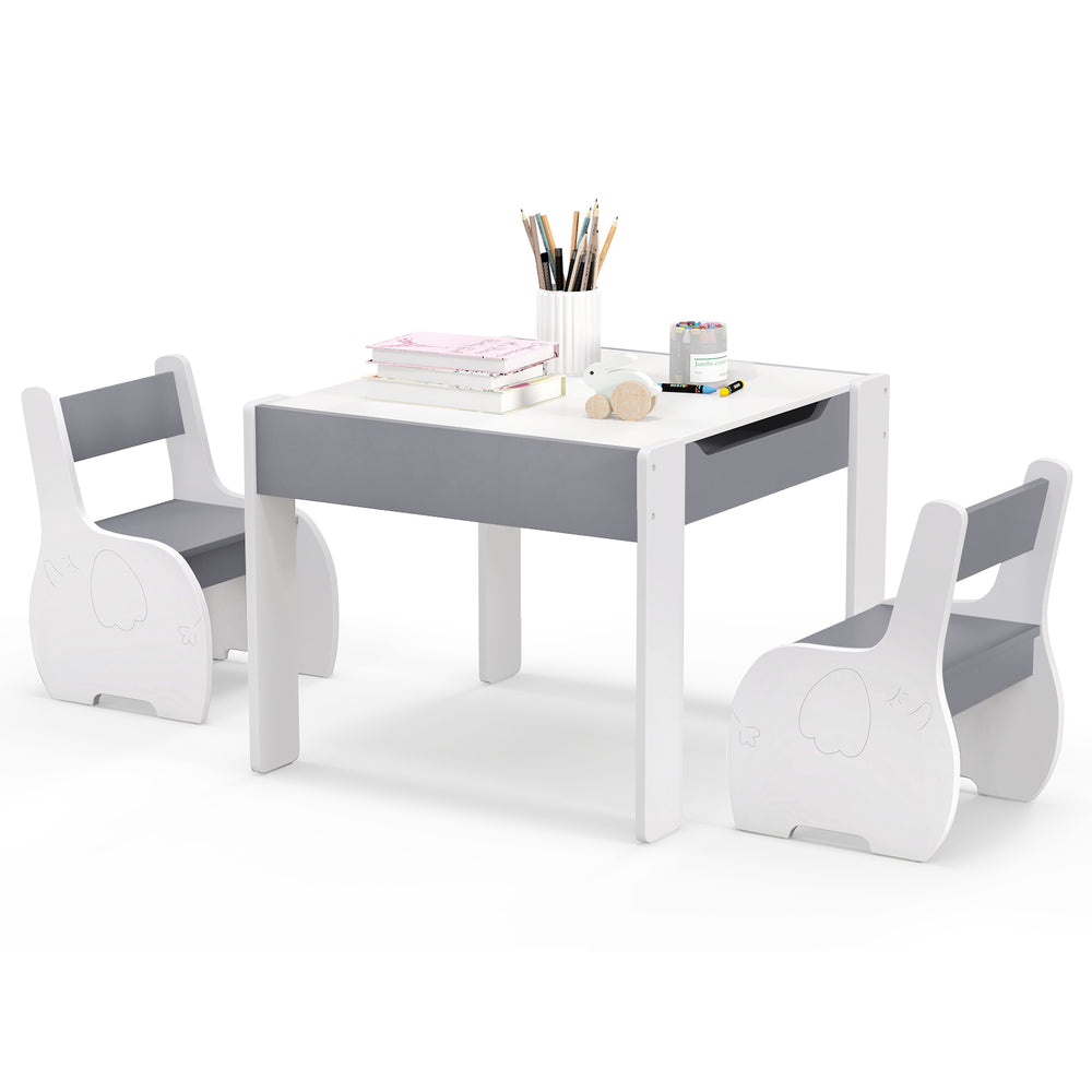 Kids' 4-in-1 wooden activity table with gray detachable blackboard and two chairs, perfect for playrooms and learning.