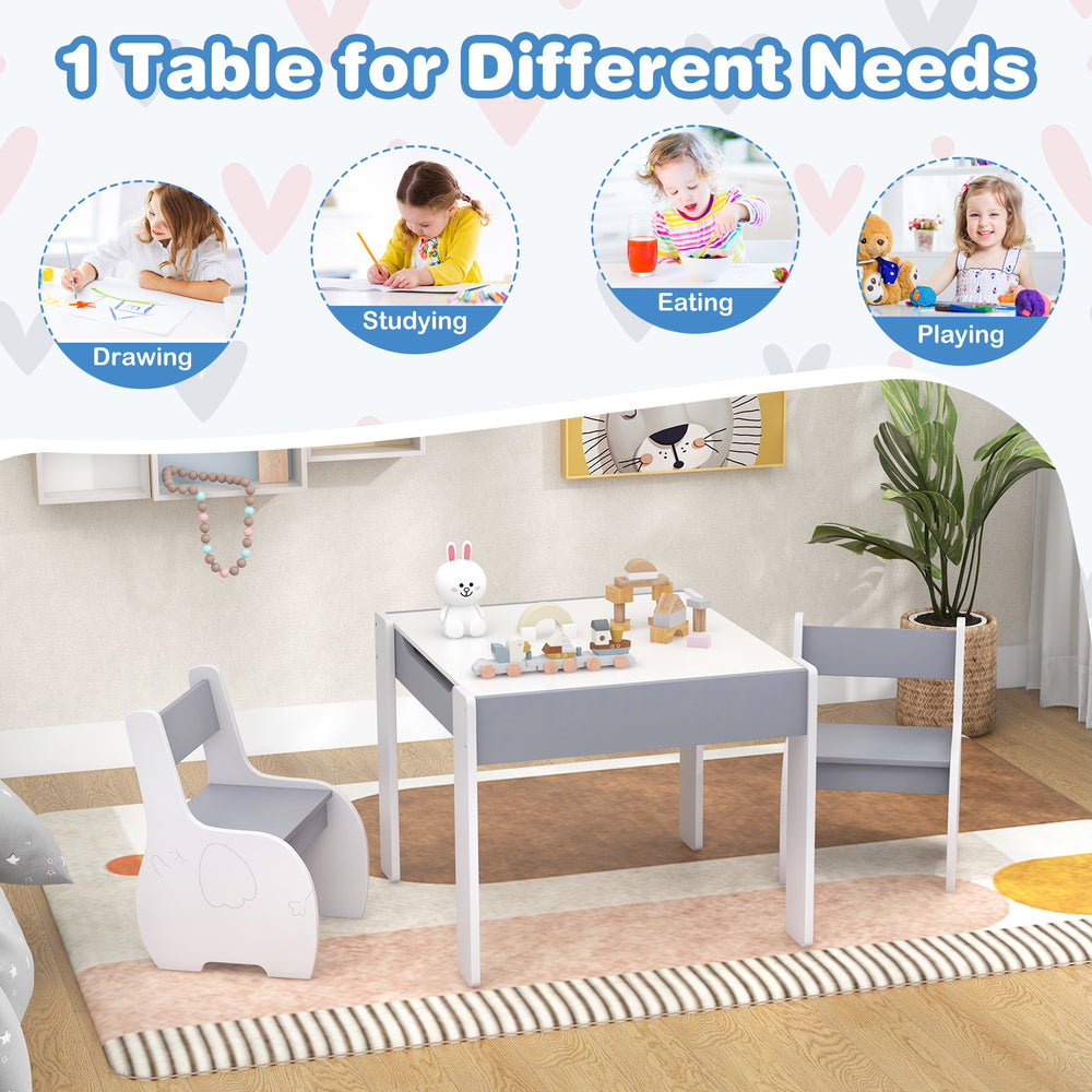 Gray 4-in-1 wooden kids table with detachable blackboard and two chairs, ideal for drawing, studying, and playing.