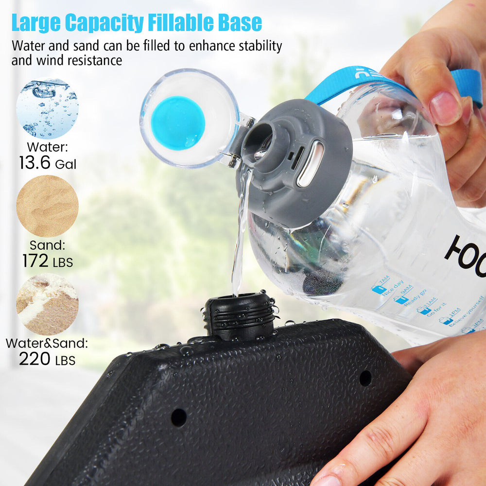 Filling the 4 Pieces 13L Cantilever Offset Patio Umbrella Base with water, showcasing easy-fill spouts for stability.