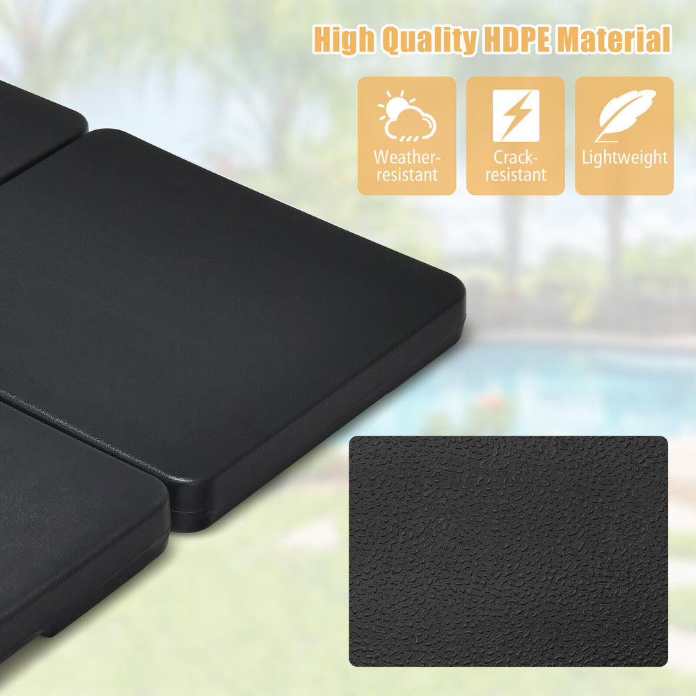 Close-up of a black HDPE umbrella base plate, featuring easy-fill spouts and a crack-resistant design for outdoor use.