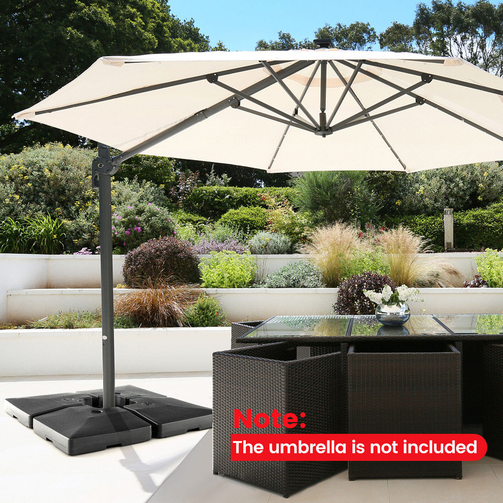 Cantilever offset patio umbrella base with 200 lbs capacity, stackable design, ideal for garden or patio use.