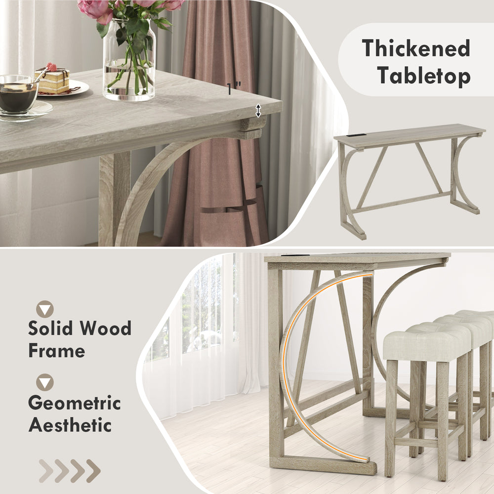 4-piece bar table set featuring a solid wood frame, thickened tabletop, and upholstered saddle seat stools for comfort.