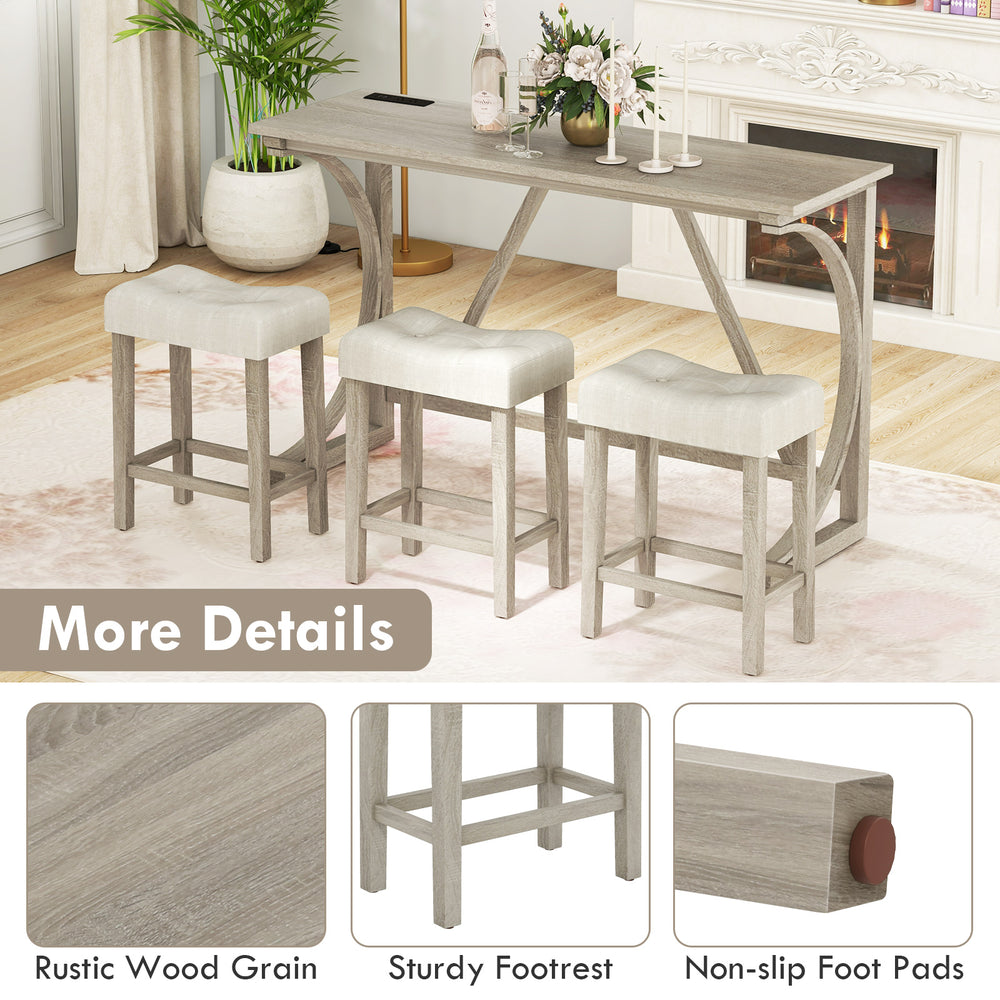 4-piece bar table set with power outlet, featuring grey wood grain and beige upholstered saddle seat stools for comfort.