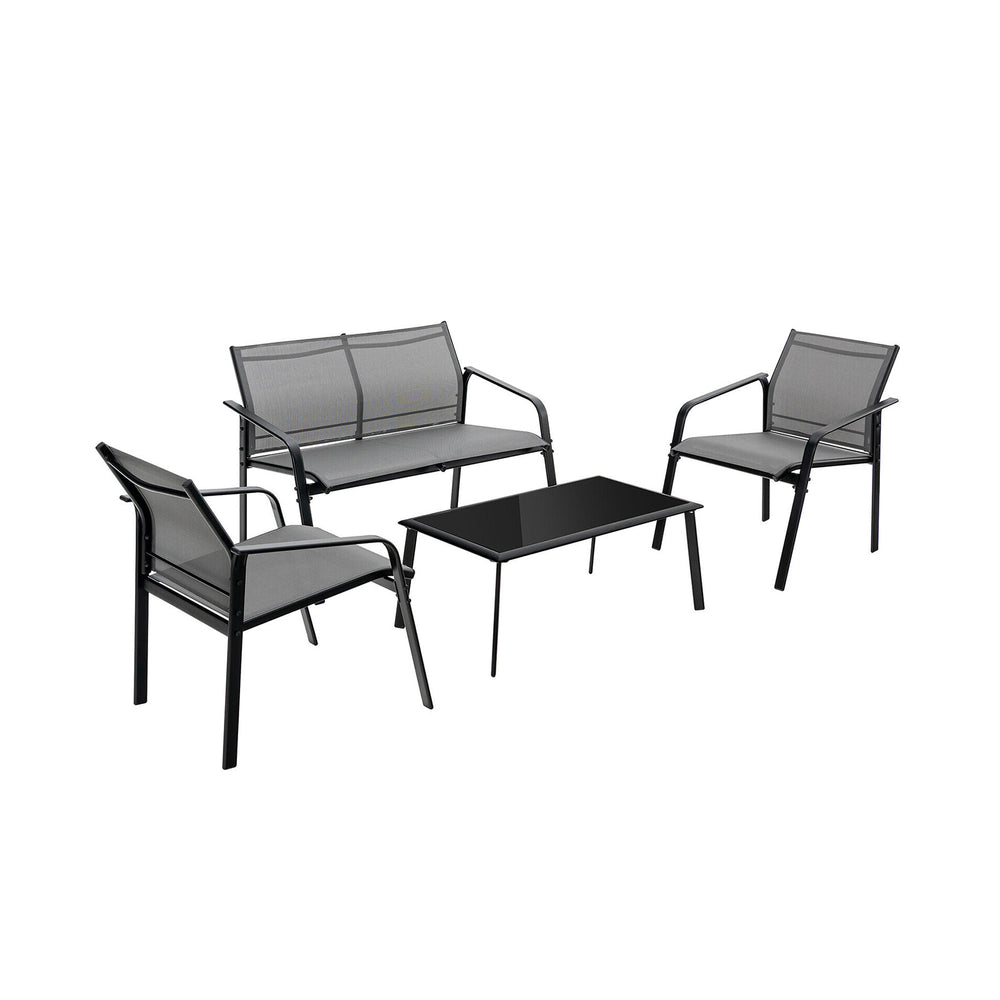 4-piece patio furniture set featuring a loveseat, two chairs, and a glass table in gray for outdoor comfort and style.
