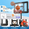 Portable basketball hoop with 44" shatterproof backboard, adjustable height, and fillable base for stability and safety.