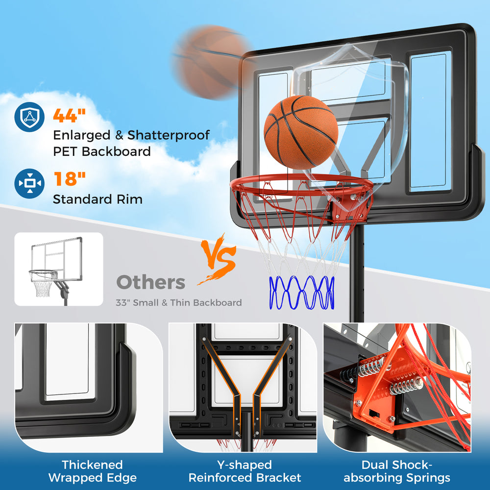 Portable basketball hoop with 44" shatterproof backboard, adjustable height, and fillable base for stability and safety.