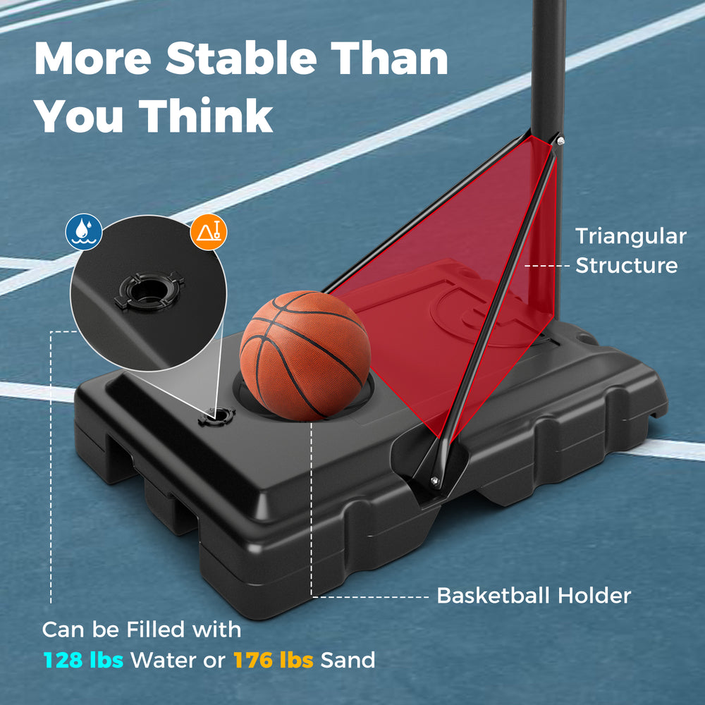 Portable basketball hoop base with fillable design for stability, featuring a basketball holder and adjustable height.