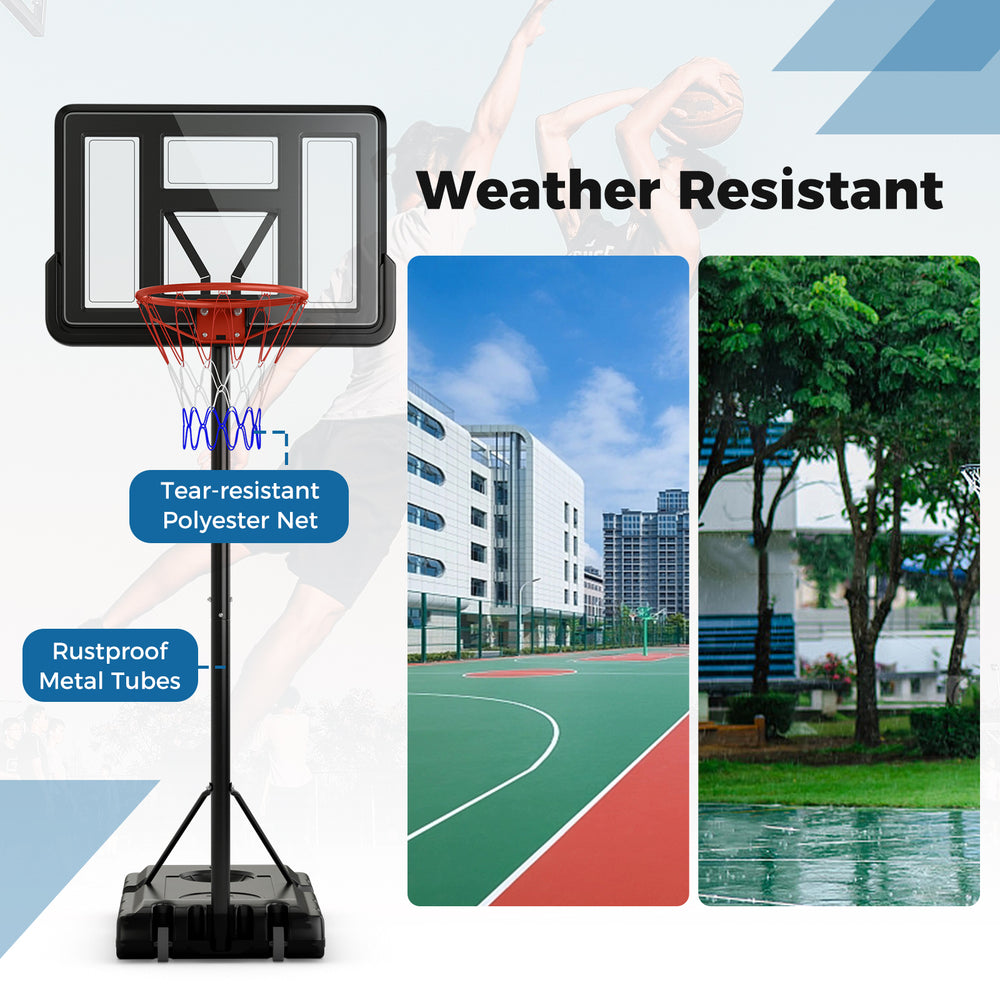 Portable basketball hoop with adjustable height, 44" shatter-resistant backboard, and weather-resistant features for.