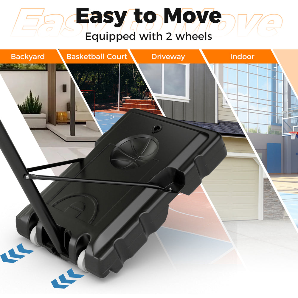Portable basketball hoop with adjustable height, 44" shatter-resistant backboard, and 2 wheels for easy movement.