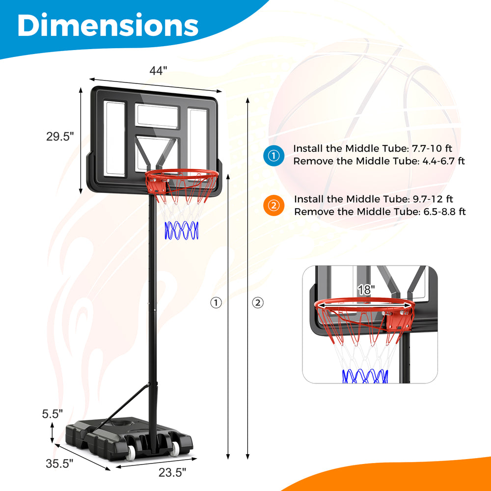 Adjustable 4.4-10 feet portable basketball hoop with 44" backboard, fillable base, and transport wheels for easy.
