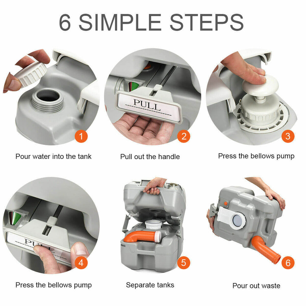 Step-by-step guide for using the 5.3 Gallon Portable Travel Toilet with Piston Pump Flush for outdoor convenience.
