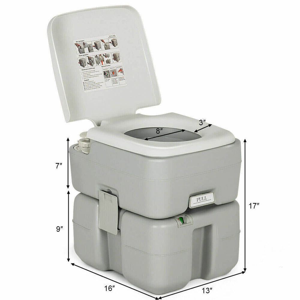 Portable 5.3-gallon travel toilet with piston pump flush, rugged design, ideal for camping and outdoor activities.