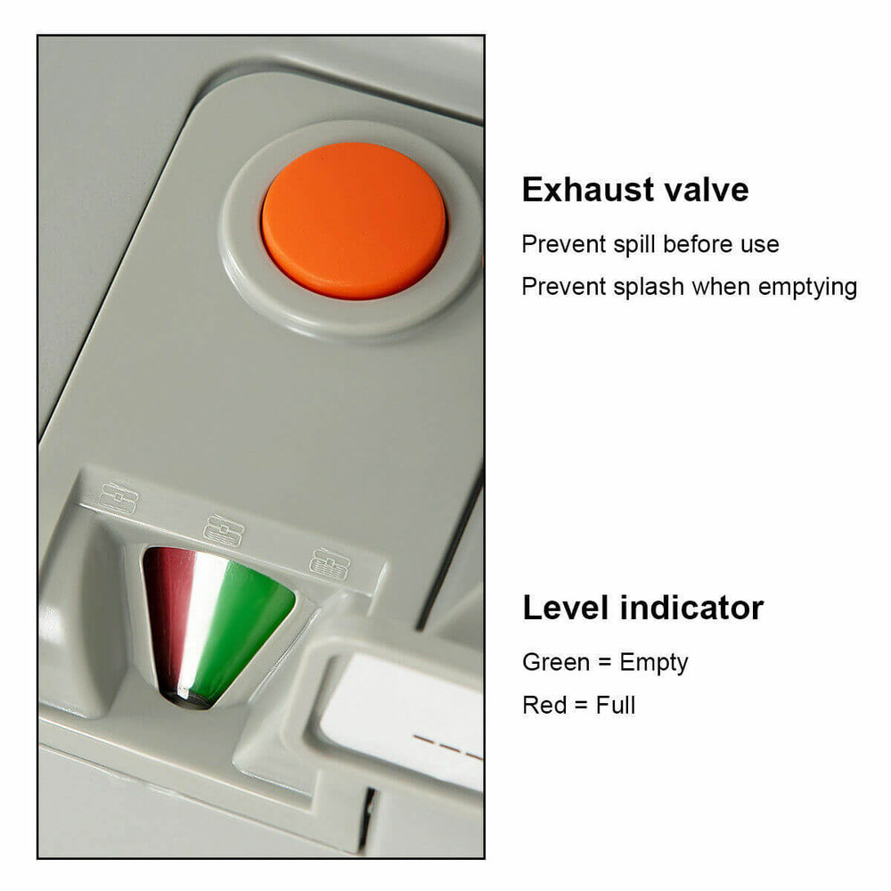 Close-up of the level indicator and exhaust valve on the 5.3-gallon portable travel toilet for easy monitoring.