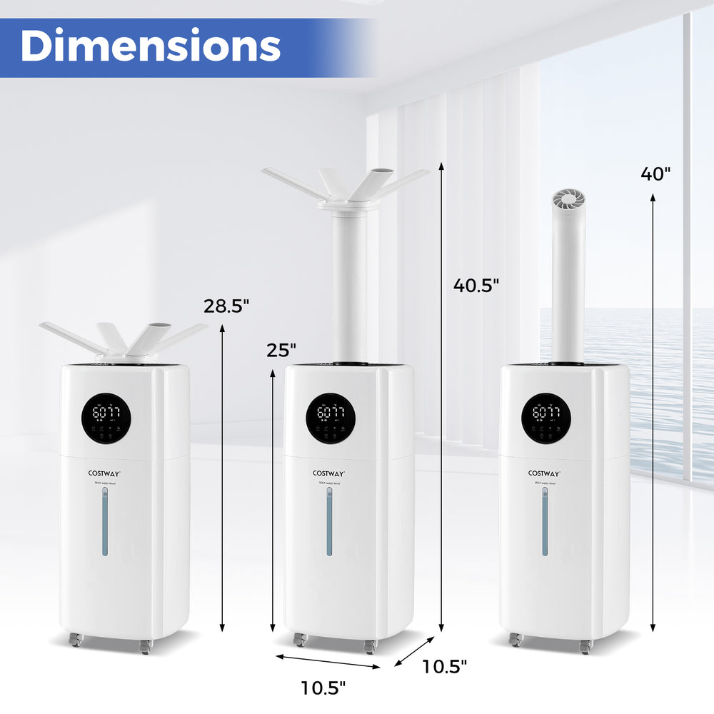 Dimensions of the 5.5Gal humidifier with 360° nozzles, featuring a sleek white design and adjustable mist levels.