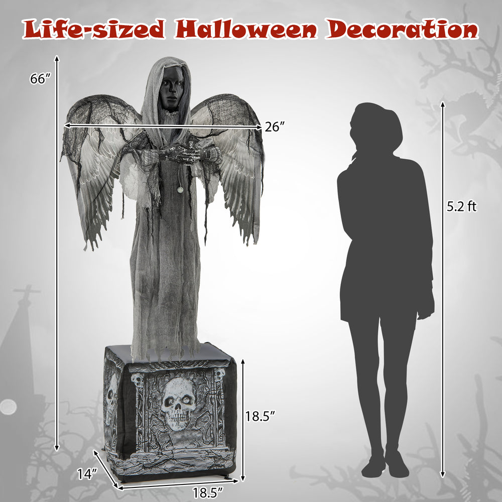 Life-sized Halloween animatronic decoration with light-up eyes, shaking wings, and a stable base featuring skulls.
