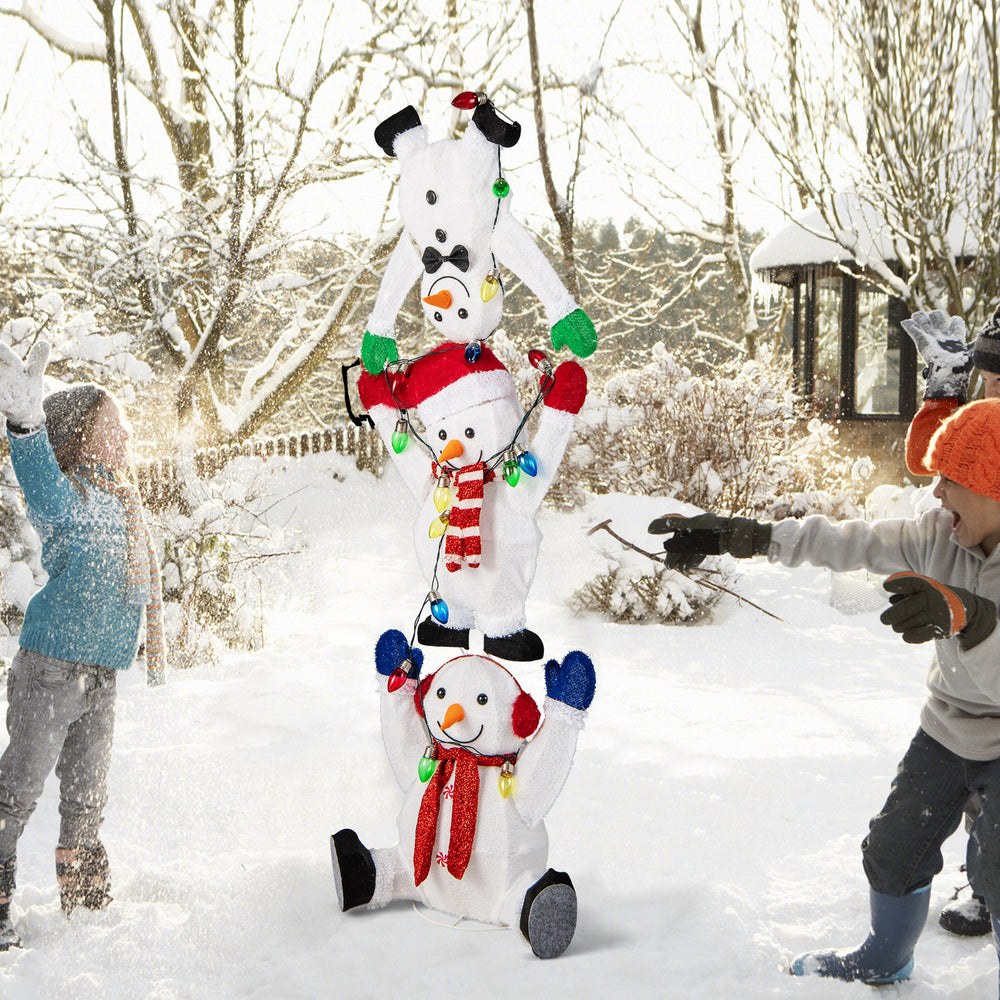 Stacked snowmen Christmas decoration with 150 LED lights, perfect for indoor or outdoor holiday displays.