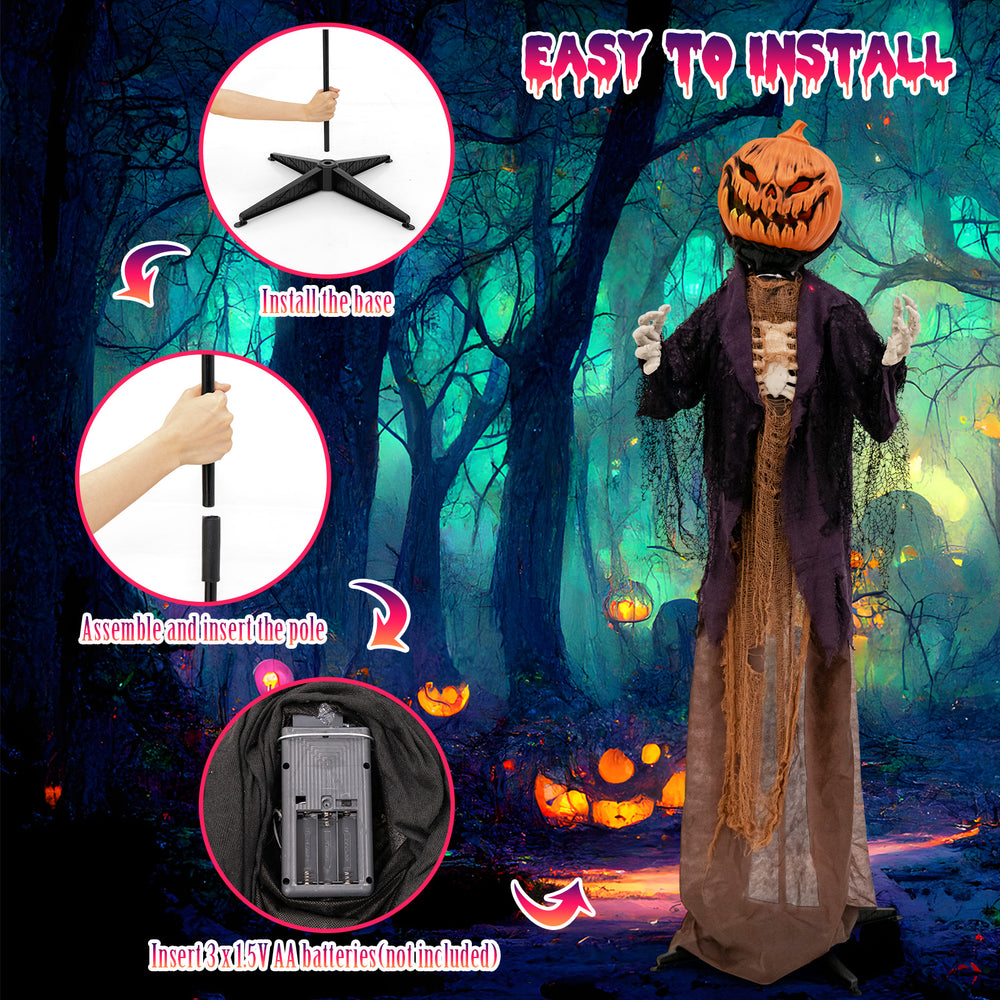 Animated 5.6 feet Halloween pumpkin scarecrow with posable arms, bright green lights, and sound-activated moans for.