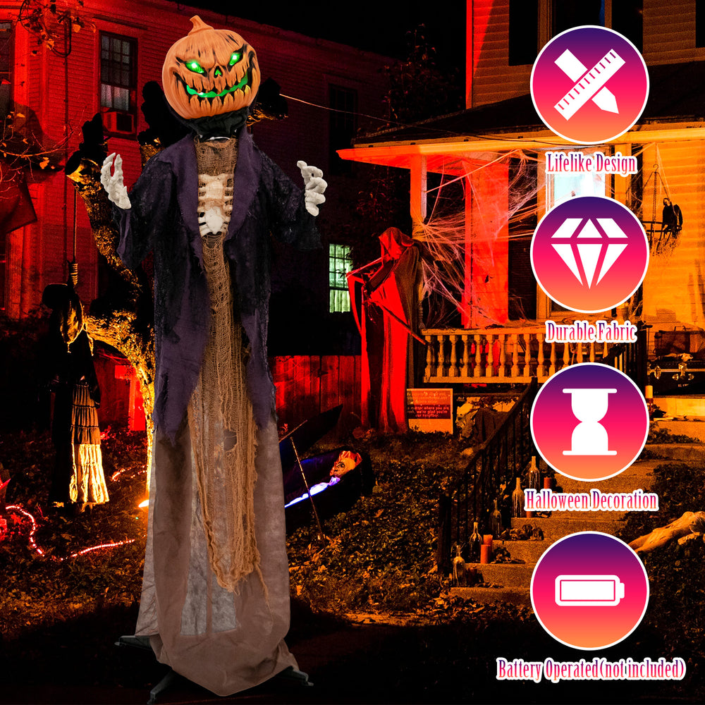 Animated 5.6 feet pumpkin scarecrow with posable arms, durable fabric, and sound-activated moans for Halloween.