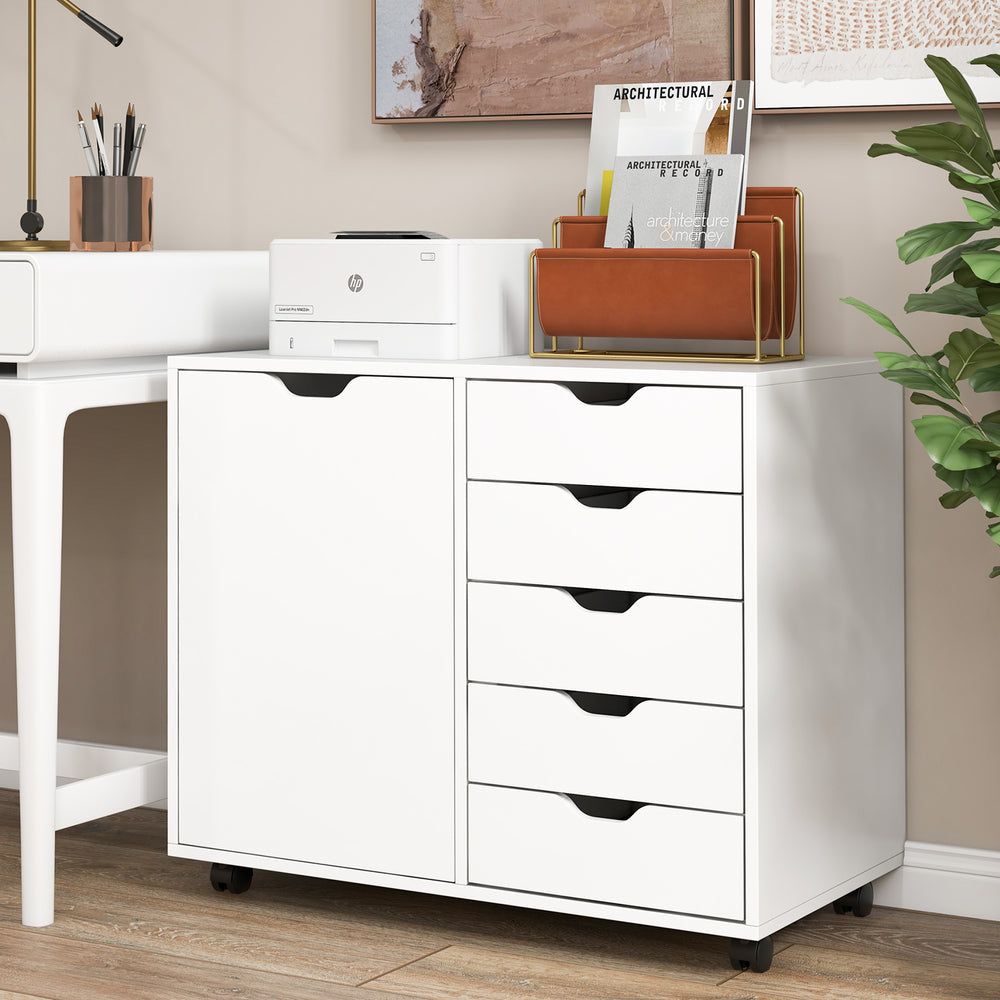 5-Drawer Dresser Chest Mobile Storage Cabinet with Door-White - Gallery View 1 of 10