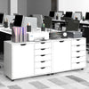 Mobile storage cabinet in white with 5 drawers and side cabinet, ideal for office organization and printer placement.