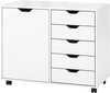 5-drawer mobile storage cabinet in white with a side door, ideal for organizing office supplies and more.