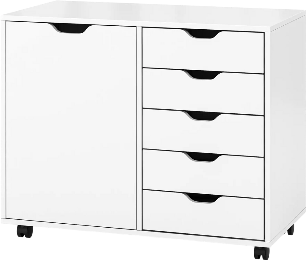 5-drawer mobile storage cabinet in white with a side door, ideal for organizing office supplies and more.