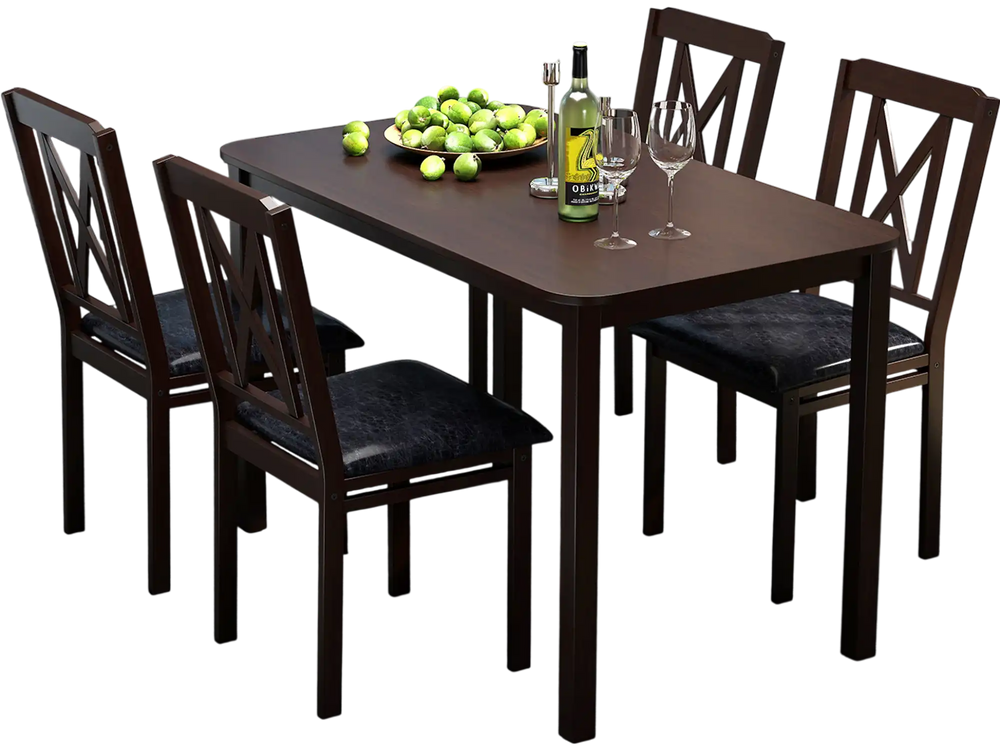 5-piece dining table set featuring a solid rubber wood frame and upholstered chairs, ideal for elegant dining spaces.