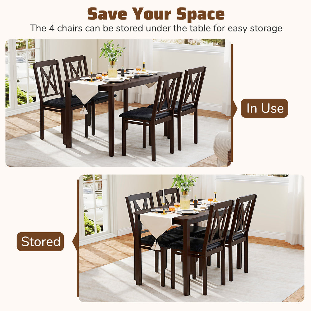 5-piece dining table set with a wide tabletop, featuring rubber wood legs and four chairs stored underneath for.