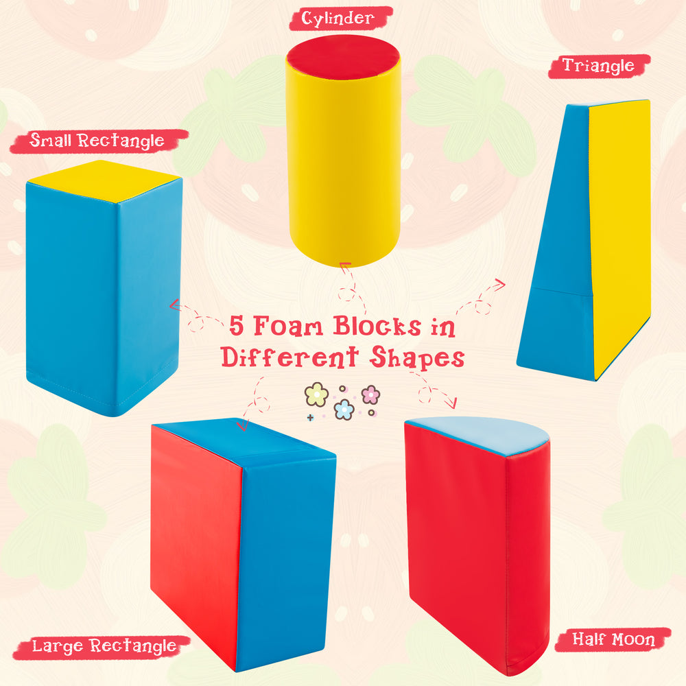 Five colorful foam blocks in various shapes for kids' climbing and crawling activities, promoting motor skills and.
