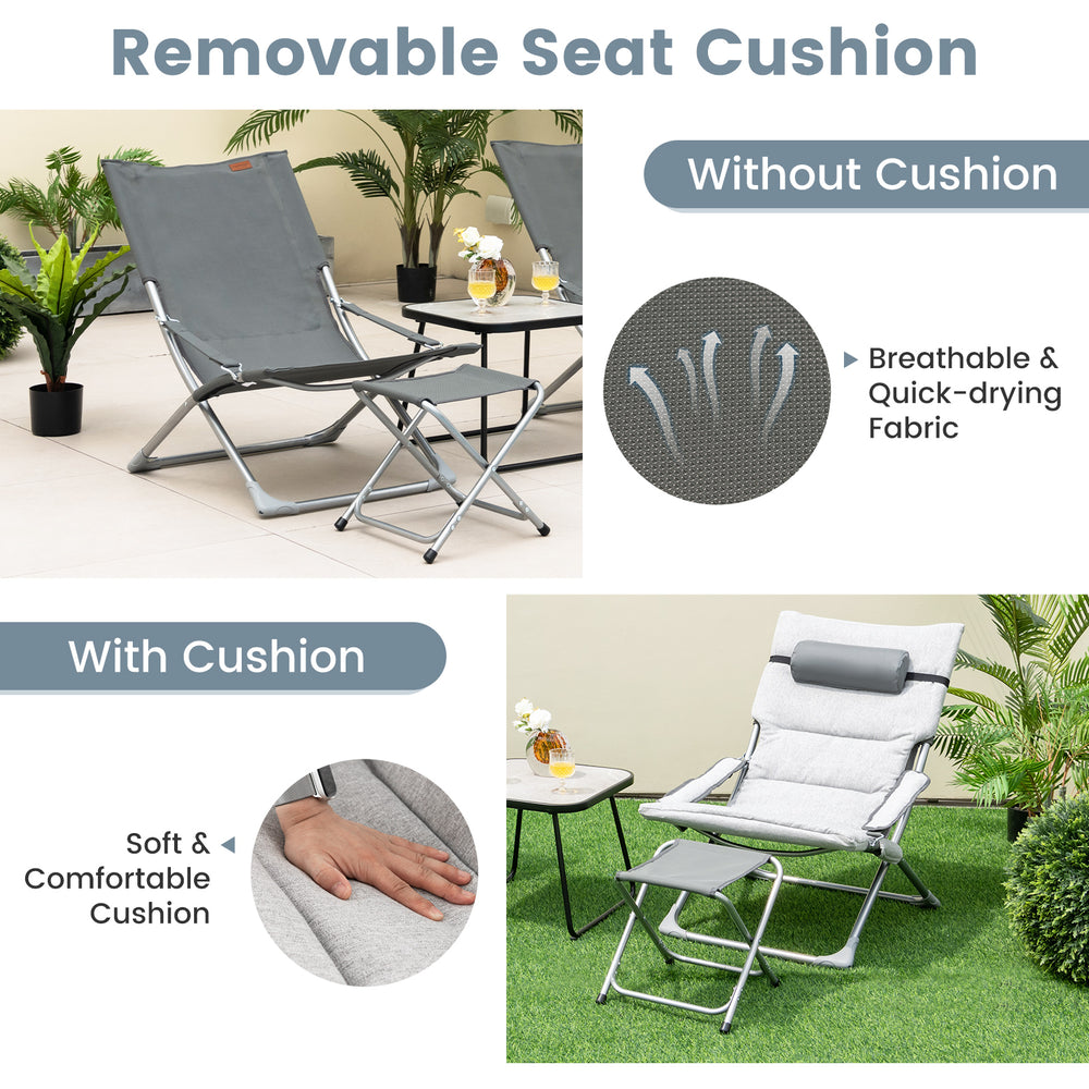 Folding lounge chair set with removable cushion, featuring breathable fabric and a sturdy metal frame for patio use.