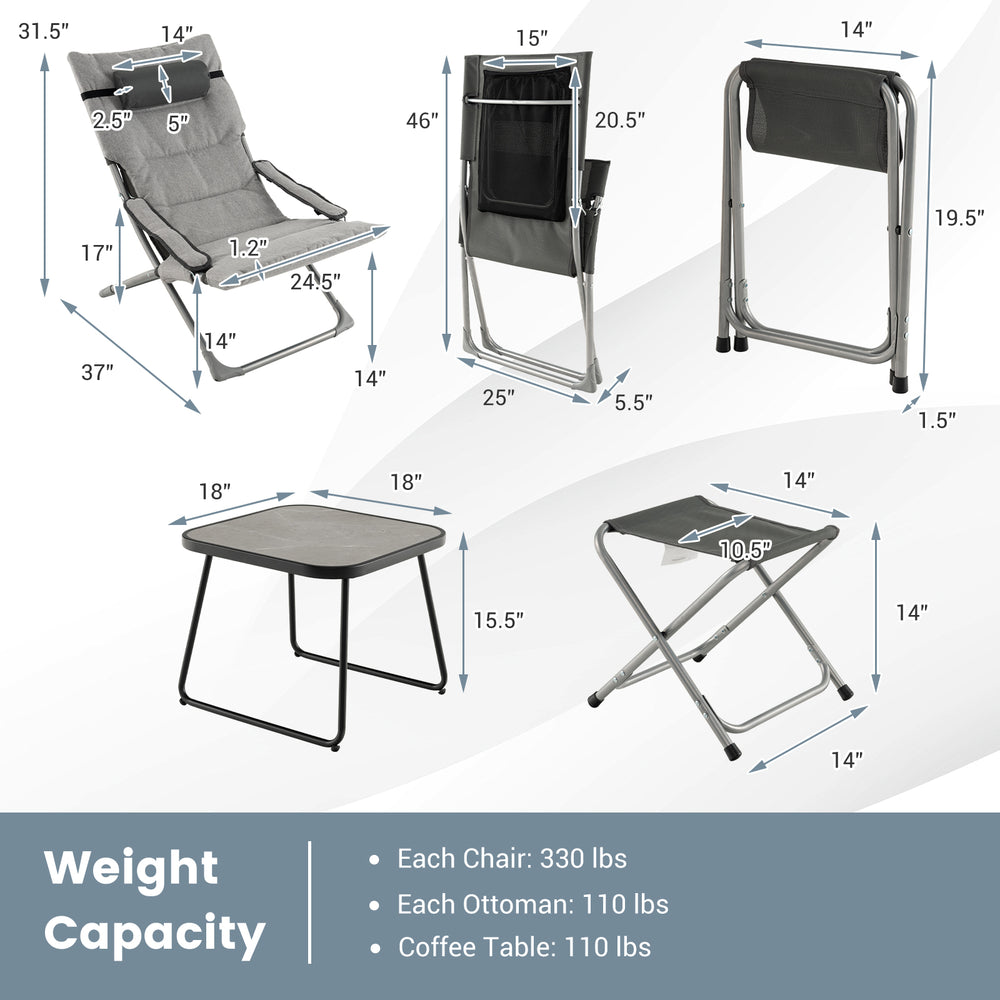 Folding lounge chair set with gray cushions, includes two chairs, footrests, and coffee table for patio use.