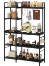 5-tier black bakers rack with power outlets, S-shaped hooks, and spacious shelves for kitchen organization.
