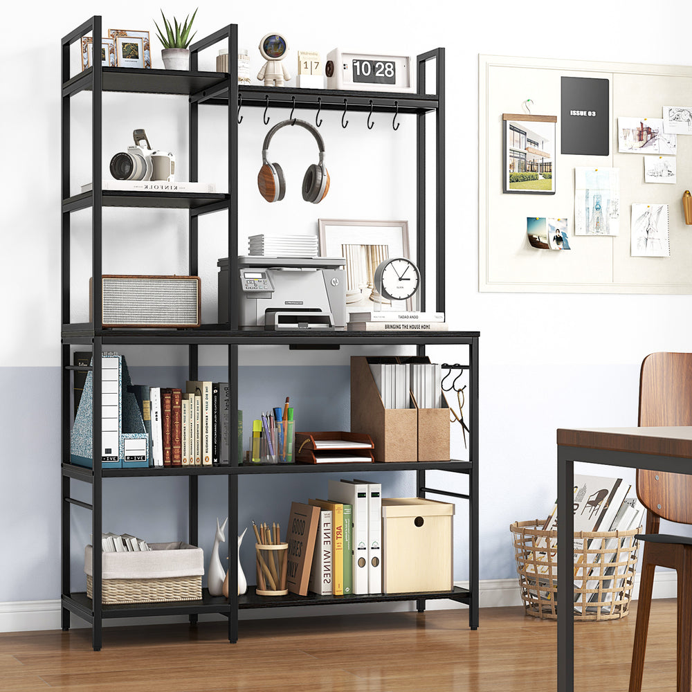 5-tier black bakers rack featuring open storage, built-in charging station, and 10 hooks for kitchen organization.