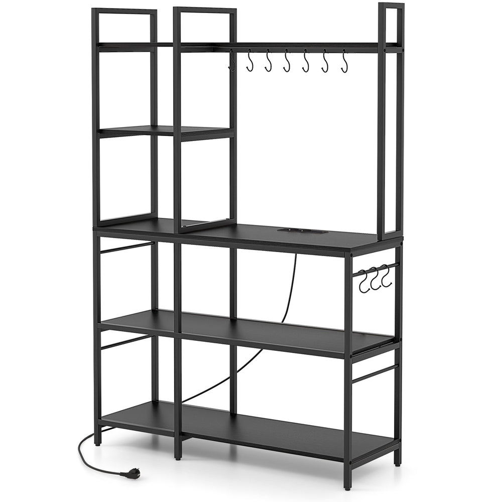 5-tier black bakers rack featuring power outlets, adjustable shelves, and 10 S-shaped hooks for kitchen organization.