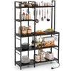 5-tier black bakers rack featuring open storage, power outlets, and 10 S-shaped hooks for kitchen organization.