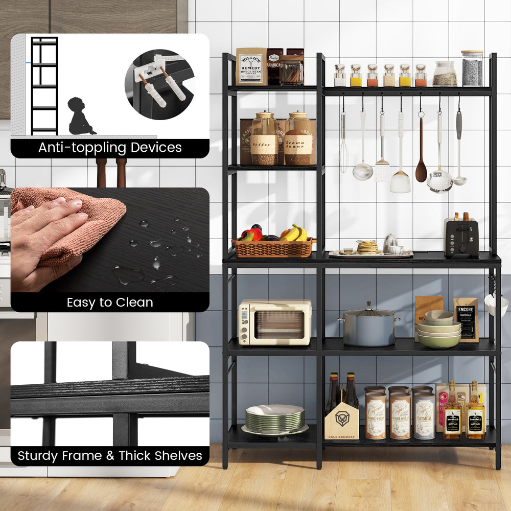 5-tier black bakers rack featuring sturdy frame, easy-to-clean surfaces, and 10 S-shaped hooks for kitchen organization.