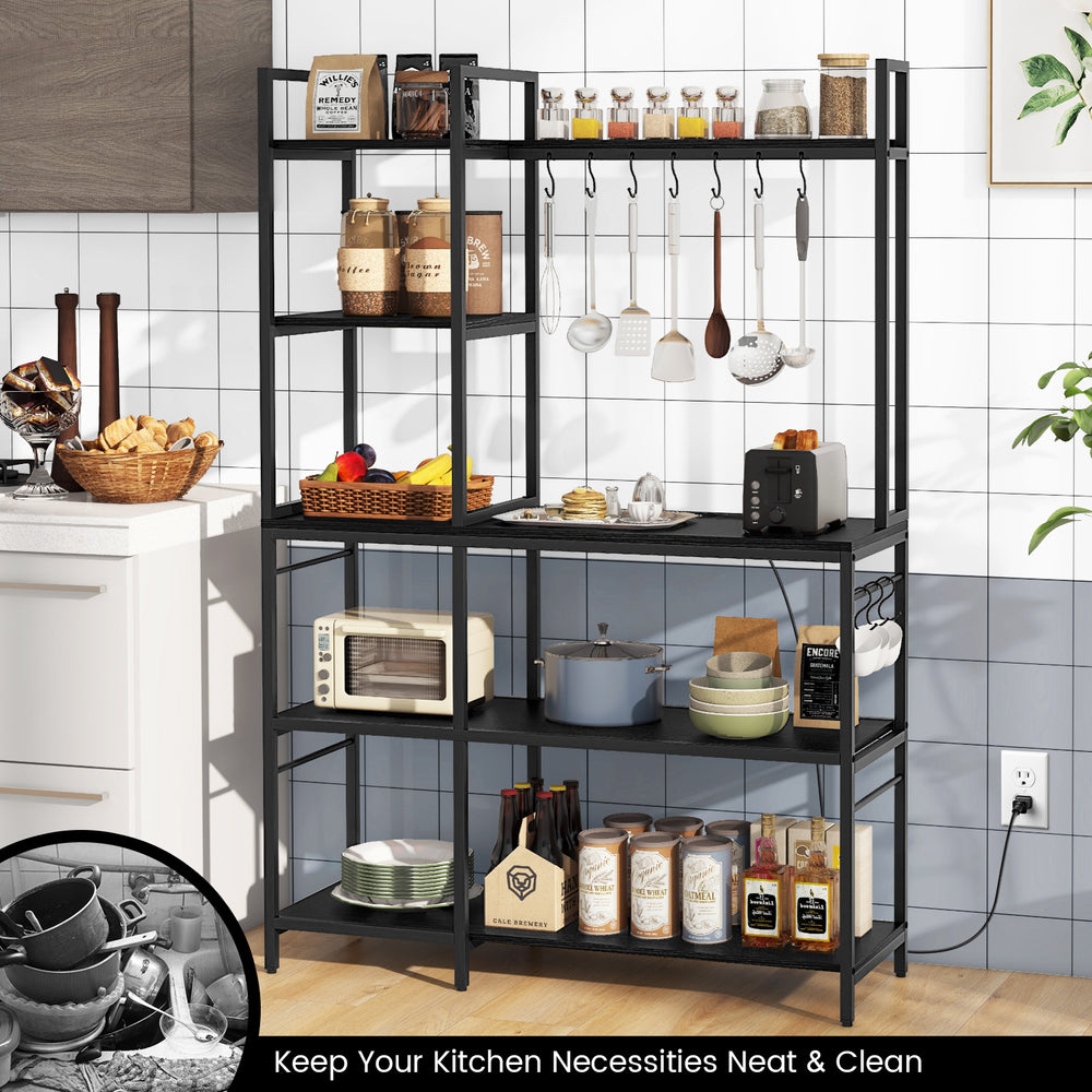 5-tier black bakers rack with power outlets, S-shaped hooks, and spacious shelves for organized kitchen storage.