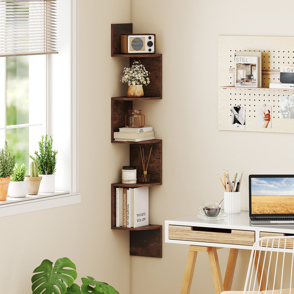 5-Tier Corner Shelf Floating Bookshelf Wall Mounted Storage Organizer-Rustic Brown - Gallery View 1 of 10