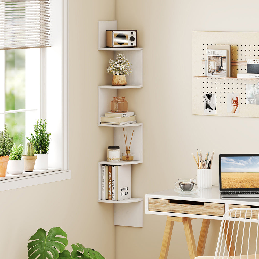 5-Tier Corner Shelf Floating Bookshelf Wall Mounted Storage Organizer-White - Gallery View 1 of 10