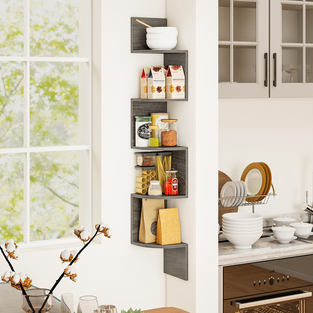 5-Tier Corner Shelf Floating Bookshelf Wall Mounted Storage Organizer-Oak - Gallery View 1 of 10
