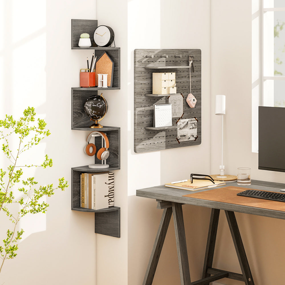5-tier corner shelf in oak finish, showcasing books and decor in a modern home office setting for efficient.